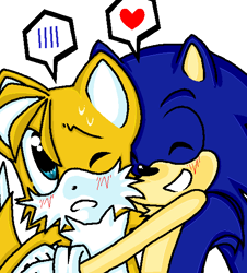 Size: 518x572 | Tagged: safe, artist:noki-woo, miles "tails" prower, sonic the hedgehog, 2008, blushing, clenched teeth, duo, eyes closed, frown, gay, heart, hugging, one eye closed, shipping, simple background, smile, sonic x tails, sweatdrop, white background