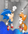Size: 508x604 | Tagged: safe, artist:mephilez, miles "tails" prower, sonic the hedgehog, sonic the ova, 2010, abstract background, base used, classic sonic, classic tails, cute, duo, from above, frown, holding something, looking offscreen, looking up, mouth open, outdoors, redraw, tailabetes, water
