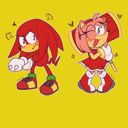 Size: 1080x1080 | Tagged: safe, artist:pyroboxes, amy rose, knuckles the echidna, 2025, amybetes, blushing, cute, duo, eye clipping through hair, flat colors, frown, holding something, knucklebetes, looking at viewer, open smile, outline, piko piko hammer, punching, simple background, smile, smiling at viewer, standing, wink, yellow background