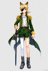 Size: 512x768 | Tagged: safe, ai art, human, asymmetrical clothes, asymmetrical legwear, belt, blue eyes, boots, eyepatch, humanized, jacket, male, official style, partially humanized, patch d'coolette, shirt, shorts, single leg pantyhose, sword, yellow hair