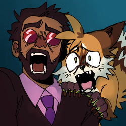 Size: 736x736 | Tagged: safe, artist:cafeyote, agent stone, miles "tails" prower, human, sonic the hedgehog 3 (film), 2025, arm fluff, claws, duo, ear fluff, fangs, floppy ears, fur markings, glasses, gloves off, gradient background, holding them, looking offscreen, mouth open, redraw, scared, screaming, shrunken pupils, tail fluff
