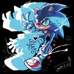 Size: 1000x1000 | Tagged: safe, artist:sonic3_da, sonic the hedgehog, sonic the hedgehog 3 (film), 2024, clenched teeth, electricity, signature, smile, smiling at viewer, solo, tyson hesse style, v sign
