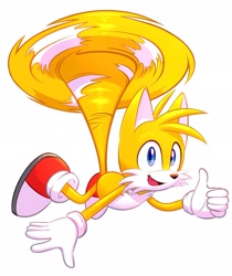 Size: 1717x2048 | Tagged: safe, artist:fakesonicfan, miles "tails" prower, flying, looking at viewer, mid-air, simple background, smile, solo, spinning tails, thumbs up, white background