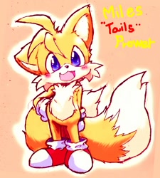 Size: 1200x1332 | Tagged: safe, artist:phantmail8, miles "tails" prower, fox, blushing, character name, cute, male, one fang, outline, simple background, solo, standing, tailabetes, tan background