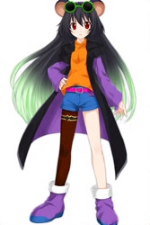 Size: 512x768 | Tagged: safe, ai art, oc, oc:thunder dark the hedgemouse, human, asymmetrical clothes, asymmetrical legwear, belt, black hair, boots, female, glasses, glasses on head, humanized, jacket, partially humanized, red eyes, shirt, shorts, simple background, single leg pantyhose, solo, white background