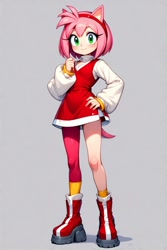 Size: 512x768 | Tagged: safe, ai art, amy rose, human, asymmetrical clothes, asymmetrical legwear, boots, dress, female, green eyes, humanized, long sleeves, official style, partially humanized, pink hair, simple background, single leg pantyhose, socks, solo, white background