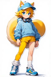 Size: 512x768 | Tagged: safe, ai art, ray the flying squirrel, human, asymmetrical clothes, asymmetrical legwear, baseball cap, blue eyes, goggles, goggles around neck, hoodie, humanized, loose socks, male, partially humanized, shorts, simple background, single leg pantyhose, sneakers, solo, white background, yellow hair