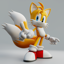 Size: 3840x3840 | Tagged: safe, artist:hunicrio, artist:nebulablaze, artist:tbsf-yt, miles "tails" prower, 2025, 3d, gradient background, looking at viewer, pointing, pointing at viewer, smile, smiling at viewer, solo, standing
