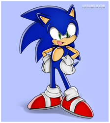 Size: 1004x1122 | Tagged: safe, artist:jcthornton, sonic the hedgehog, 2025, border, hands on hips, looking at viewer, mouth open, open smile, purple background, simple background, smile, solo, uekawa style