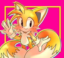 Size: 1129x1025 | Tagged: safe, artist:mary7ka55778, miles "tails" prower, 2025, :>, abstract background, blushing, cute, outline, smile, smiling at viewer, solo, standing, tailabetes, waving