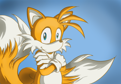 Size: 1280x888 | Tagged: safe, artist:firerai, miles "tails" prower, 2012, arms folded, gradient background, looking at viewer, smile, smiling at viewer, solo, standing