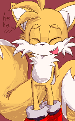 Size: 250x400 | Tagged: safe, artist:mitsu8, miles "tails" prower, 2010, eyes closed, hand behind head, hands behind back, mouth open, open smile, red background, simple background, smile, solo, standing, text