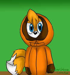 Size: 2400x2570 | Tagged: safe, artist:mslunarumbreon, miles "tails" prower, 2019, abstract background, coat, crossover, kenny mccormick, looking at viewer, solo, south park, standing