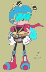 Size: 1010x1556 | Tagged: safe, artist:ssprojects, bee, 2012, belt, boots, goggles, hands on hips, harness, kneepads, looking offscreen, male, mello bee, pilot hat, scarf, signature, smile, solo, standing, walkie talkie