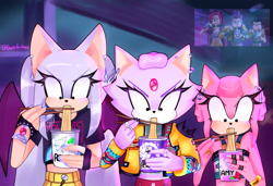 Size: 2048x1402 | Tagged: safe, artist:sonicartisx, amy rose, rouge the bat, 2025, abstract background, chopsticks, crossover, eating, food, huntr/x, k-pop demon hunters, mira (k-pop demon hunters), ramen, redraw, reference inset, rumi (k-pop demon hunters), shrunken pupils, trio, zoey (k-pop demon hunters)