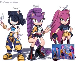 Size: 735x578 | Tagged: source needed, safe, artist:shadowxsonw, hedgehog, barely sonic related, character name, crossover, frown, huntr/x, k-pop demon hunters, looking at viewer, mira (k-pop demon hunters), mobianified, redraw, reference inset, rumi (k-pop demon hunters), signature, simple background, smile, standing, sword, trio, white background, wink, zoey (k-pop demon hunters)