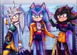 Size: 736x522 | Tagged: artist needed, source needed, safe, shadow the hedgehog, silver the hedgehog, sonic the hedgehog, abstract background, baseball bat, character name, clothes, crossover, huntr/x, k-pop demon hunters, looking at viewer, mira (k-pop demon hunters), ninja star, rumi (k-pop demon hunters), smile, sword, trio, weapon, zoey (k-pop demon hunters)