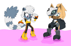 Size: 1551x1018 | Tagged: safe, artist:mallum153, tangle the lemur, whisper the wolf, lemur, wolf, blank background, boots, cloak, diamond cutters outfit, gloves, kneepads, mobian, mobians, pink stuff, sticky, struggle, stuck, stuck boots, stuckboots, tail, whisper's mask, white background