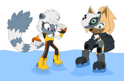 Size: 1551x1018 | Tagged: safe, artist:mallum153, tangle the lemur, whisper the wolf, lemur, wolf, blank background, blue stuff, boots, cloak, diamond cutters outfit, gloves, kneepads, mobian, mobians, sticky, struggle, stuck, stuck boots, stuckboots, tail, whisper's mask, white background
