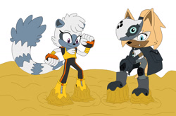 Size: 1551x1018 | Tagged: safe, artist:mallum153, tangle the lemur, whisper the wolf, lemur, wolf, blank background, boots, cloak, diamond cutters outfit, gloves, kneepads, mobian, mobians, rubber cement, sticky, struggle, stuck, stuck boots, stuckboots, tail, whisper's mask, white background