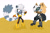 Size: 1551x1018 | Tagged: safe, artist:mallum153, tangle the lemur, whisper the wolf, lemur, wolf, alternate version, boots, cloak, diamond cutters outfit, fetish, flat colors, gloves, kneepads, sticky, struggle, whisper's mask, white background