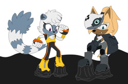 Size: 1551x1018 | Tagged: safe, artist:mallum153, tangle the lemur, whisper the wolf, lemur, wolf, blank background, boots, cloak, diamond cutters outfit, gloves, kneepads, mobian, mobians, oil, sticky, struggle, stuck, stuck boots, stuckboots, tail, tar, whisper's mask, white background