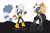 Size: 1551x1018 | Tagged: safe, artist:mallum153, tangle the lemur, whisper the wolf, lemur, wolf, alternate version, boots, cloak, diamond cutters outfit, fetish, flat colors, gloves, kneepads, oil, struggle, stuck, tail, tar, whisper's mask, white background