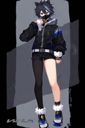 Size: 512x768 | Tagged: safe, ai art, mephiles the dark, human, abstract background, asymmetrical clothes, asymmetrical legwear, black hair, humanized, jacket, male, mask, official style, partially humanized, shoes, shorts, single leg pantyhose, single sock, solo, turquoise eyes, turquoise hair
