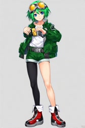 Size: 512x768 | Tagged: safe, ai art, jet the hawk, human, asymmetrical clothes, asymmetrical legwear, blue eyes, boots, goggles, goggles on head, green hair, grey background, humanized, jacket, male, official style, shirt, shorts, simple background, single leg pantyhose, solo