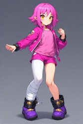 Size: 512x768 | Tagged: safe, ai art, espio the chameleon, human, asymmetrical clothes, asymmetrical legwear, bandage on leg, gradient background, humanized, jacket, male, official style, purple hair, shirt, shoes, shorts, single leg pantyhose, solo, yellow eyes