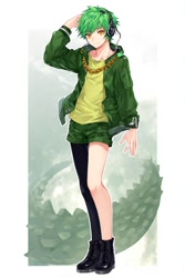 Size: 512x768 | Tagged: safe, ai art, vector the crocodile, human, abstract background, asymmetrical clothes, asymmetrical legwear, boots, green hair, headphones, humanized, jacket, male, official style, orange eyes, outline, shirt, shorts, single leg pantyhose, solo