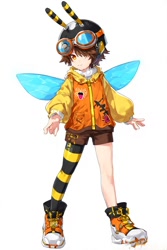 Size: 512x768 | Tagged: safe, ai art, charmy bee, human, asymmetrical clothes, asymmetrical legwear, brown hair, goggles, goggles on head, hair over one eye, helmet, humanized, jacket, male, official style, orange eyes, partially humanized, shoes, shorts, simple background, single leg pantyhose, solo, white background, wings