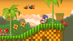 Size: 1450x815 | Tagged: safe, artist:nrdrawing, buzz bomber, sonic the hedgehog, 2023, abstract background, badnik, classic sonic, clothes, crabmeat, flower, grass, outdoors, palm tree, pixel art, robot, running, solo focus, sonic 4:episode 1, splash hill zone, spring, sunflower, trio