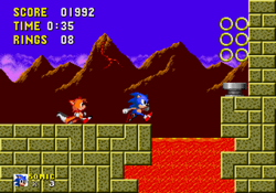 Size: 3200x2240 | Tagged: safe, artist:knuxkrafter, miles "tails" prower, sonic the hedgehog, underground zone, 2025, abstract background, classic sonic, classic tails, daytime, duo, fake screenshot, lava, life counter, outdoors, pixel art, ring, running, sonic the hedgehog 2 (8bit), spring