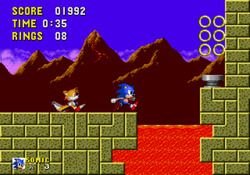 Size: 1280x896 | Tagged: safe, artist:knuxkrafter, miles "tails" prower, sonic the hedgehog, underground zone, 2025, abstract background, alternate version, classic sonic, classic tails, daytime, duo, fake screenshot, lava, life counter, outdoors, pixel art, ring, running, sonic the hedgehog 2 (8bit), spring