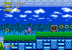 Size: 3200x2240 | Tagged: safe, artist:knuxkrafter, sonic the hedgehog, sky high zone, 2025, classic sonic, clouds, daytime, fake screenshot, grass, life counter, monitor, outdoors, pixel art, ring, running, solo, sonic the hedgehog 2 (8bit), tree