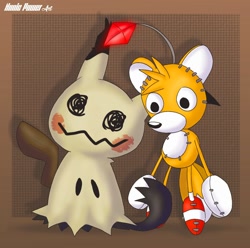 Size: 1634x1620 | Tagged: safe, artist:nonicpower, tails doll, 2024, abstract background, crossover, duo, floating, mimikyu, pokemon, signature, standing