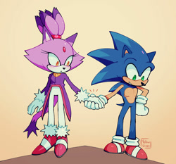 Size: 1024x954 | Tagged: safe, artist:yellowvixen, blaze the cat, sonic the hedgehog, 2023, bisexual, blushing, duo, frown, gradient background, holding hands, looking at them, looking down, looking offscreen, redraw, shipping, signature, smile, sonaze, standing, straight, t4t, top surgery scars, trans boy sonic, trans female, trans girl blaze, trans male, transgender