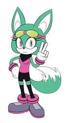 Size: 885x1635 | Tagged: safe, artist:sarkenthehedgehog, sonar the fennec, 2017, eyewear on head, fennec, flat colors, goggles, hand on hip, simple background, smile, smiling at viewer, solo, standing, transparent background, v sign