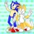 Size: 768x768 | Tagged: safe, artist:sparrowlefoxflyer, miles "tails" prower, sonic the hedgehog, 2020, abstract background, clenched teeth, double v sign, duo, duo male, flat colors, smile, smiling at each other, v sign, watermark