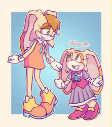 Size: 1280x1451 | Tagged: safe, artist:ribbonetteart, artist:suyuzu, artist:trashicalgirl, cream the rabbit, vanilla the rabbit, 2020, abstract background, duo, looking at each other, mother and child, mother and daughter, outfit swap, signature, smile, smiling at each other, standing