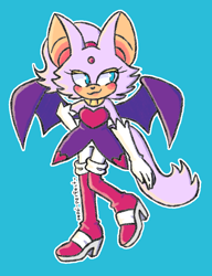 Size: 1000x1305 | Tagged: safe, artist:suyuzu, bat, cat, hybrid, 2019, blue background, blushing, fusion, fusion:blaze, fusion:rouge, hand behind back, looking offscreen, outline, signature, simple background, smile, solo, standing, standing on one leg