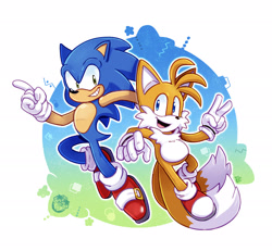Size: 2245x2070 | Tagged: safe, artist:francoisl-artblog, miles "tails" prower, sonic the hedgehog, 2025, abstract background, duo, looking at viewer, mouth open, open smile, outline, pointing, smile, smiling at viewer, v sign