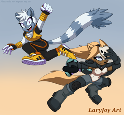 Size: 2948x2723 | Tagged: safe, artist:laryjoy, tangle the lemur, whisper the wolf, 2025, duo, gradient background, looking at viewer, mid-air, mouth open, one fang, open smile, signature, smile, smiling at viewer