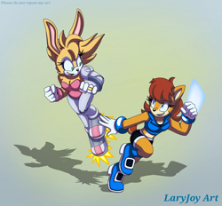 Size: 3159x2932 | Tagged: safe, artist:laryjoy, bunnie rabbot, sally acorn, 2025, duo, fire, gradient background, looking at each other, mid-air, mouth open, open smile, running, signature, smile, smiling at each other