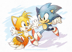 Size: 700x504 | Tagged: safe, artist:aurora-silver, miles "tails" prower, sonic the hedgehog, 2025, abstract background, classic sonic, classic tails, duo, looking at each other, mouth open, open smile, smile, smiling at each other