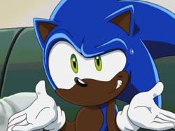 Size: 640x479 | Tagged: safe, editor:blackeditsgalore, sonic the hedgehog, 2023, black edit, dark skin, edit, edited screencap, shrugging, smile, solo, sonic x, sweatdrop