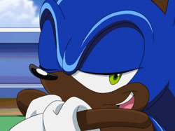Size: 640x479 | Tagged: safe, editor:blackeditsgalore, sonic the hedgehog, 2023, black edit, dark skin, edit, edited screencap, looking at viewer, smile, solo, sonic x, wink