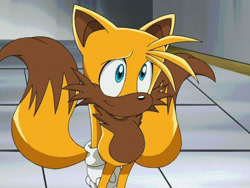 Size: 640x480 | Tagged: safe, editor:blackeditsgalore, miles "tails" prower, 2023, black edit, dark skin, edit, edited screencap, looking offscreen, smile, solo, sonic x