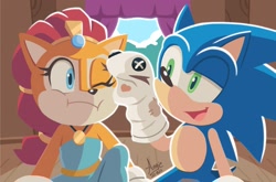 Size: 2022x1335 | Tagged: safe, artist:angiethecat, sally acorn, sonic the hedgehog, chipmunk, hedgehog, squirrel, duo, female, male, sock puppet, younger